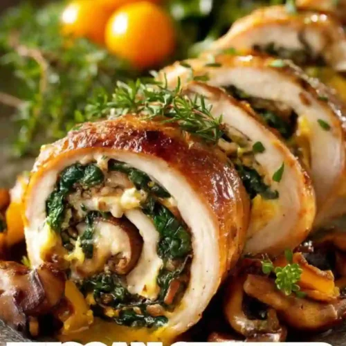 Sliced Tuscan-style chicken rolls stuffed with spinach, mushrooms, and herbs, garnished with fresh thyme and served with roasted vegetables.