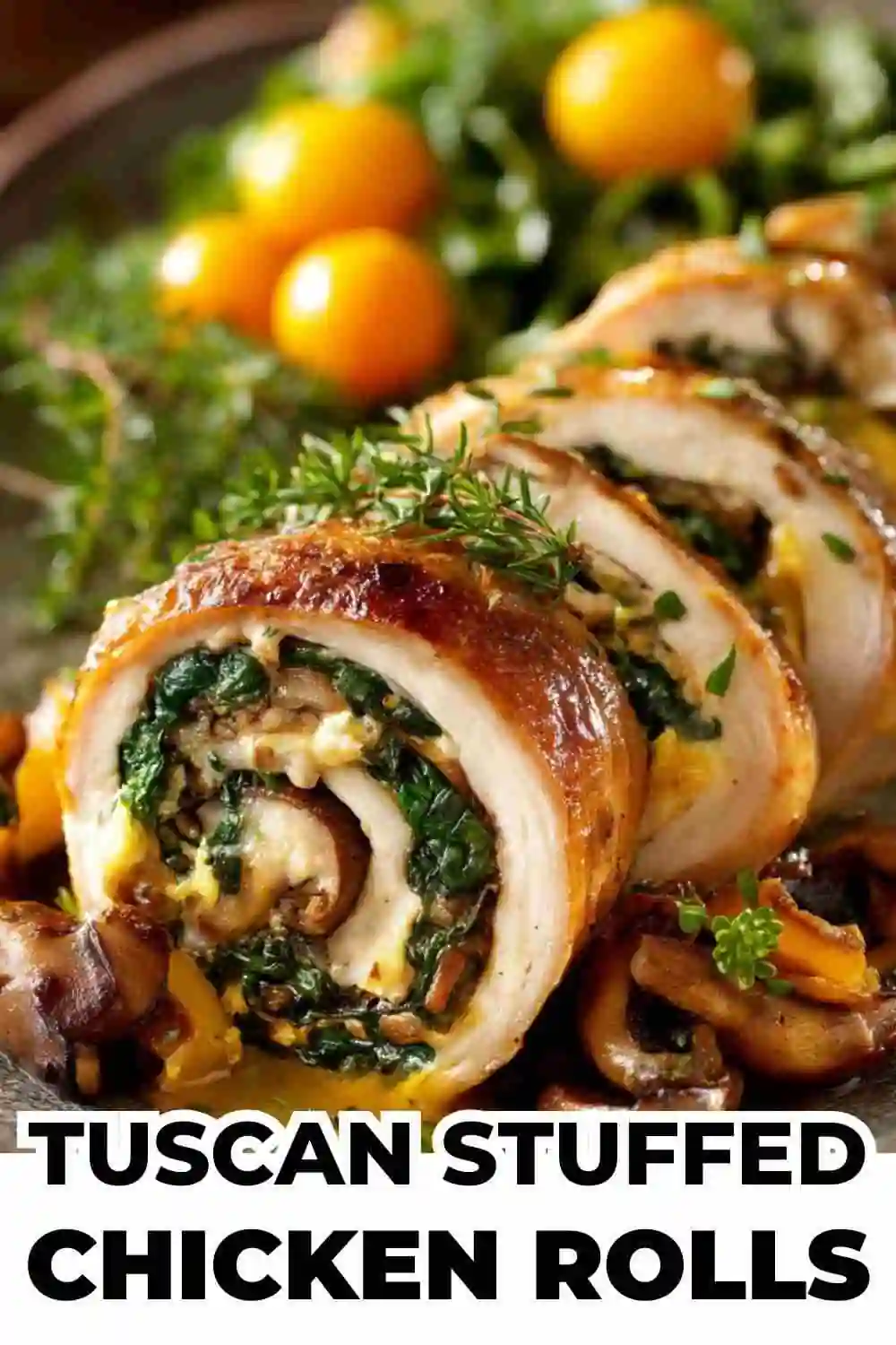 Sliced Tuscan-style chicken rolls stuffed with spinach, mushrooms, and herbs, garnished with fresh thyme and served with roasted vegetables.