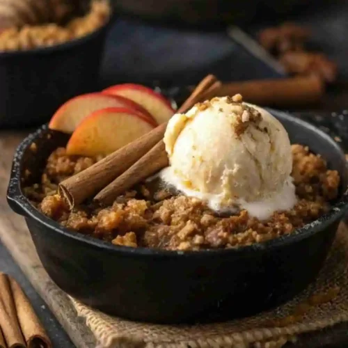 Warm skillet apple crisp topped with vanilla ice cream and cinnamon sticks, served in a cast iron pan.