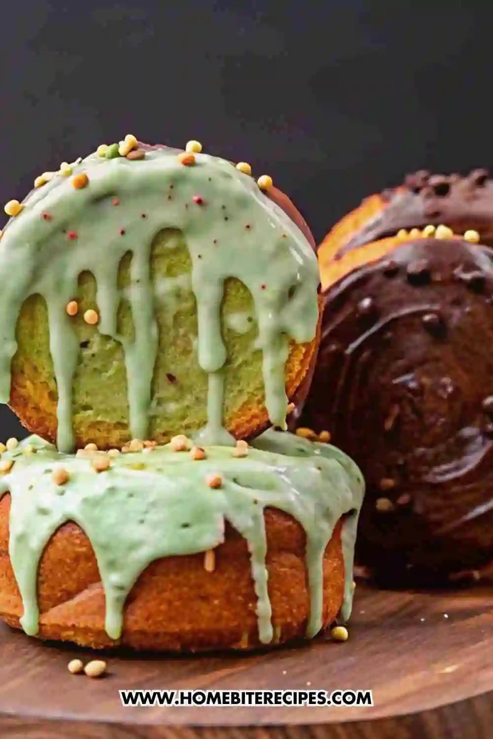 Soft baked New York Rolls topped with smooth matcha green tea glaze and chocolate glaze, decorated with sprinkles.