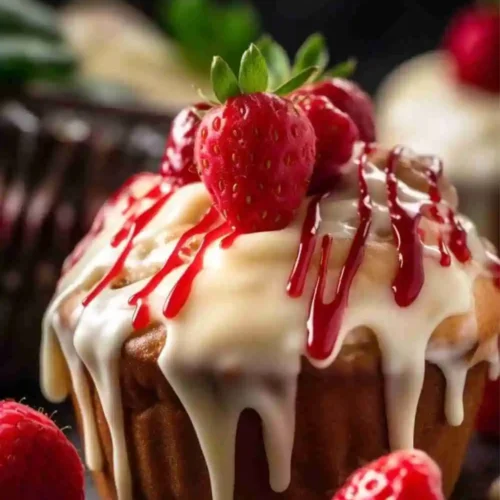 A moist vanilla cupcake topped with cream cheese frosting, strawberry drizzle, and fresh strawberries, beautifully styled with a dark background.
