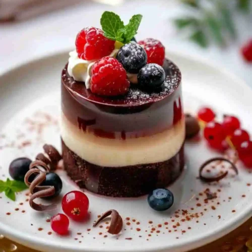 Elegant triple chocolate mousse cake with layers of dark, milk, and white chocolate, topped with fresh berries, mint, and chocolate curls on a white plate.