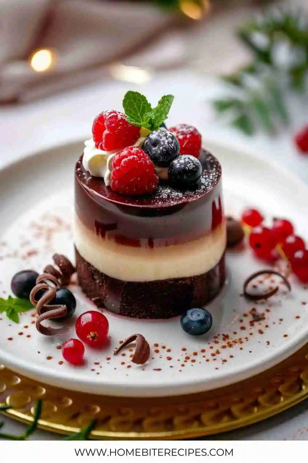 Elegant triple chocolate mousse cake with layers of dark, milk, and white chocolate, topped with fresh berries, mint, and chocolate curls on a white plate.