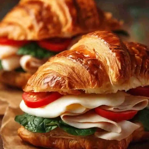 Flaky croissant sandwich filled with sliced turkey, fresh spinach, tomato, and melted cheese.