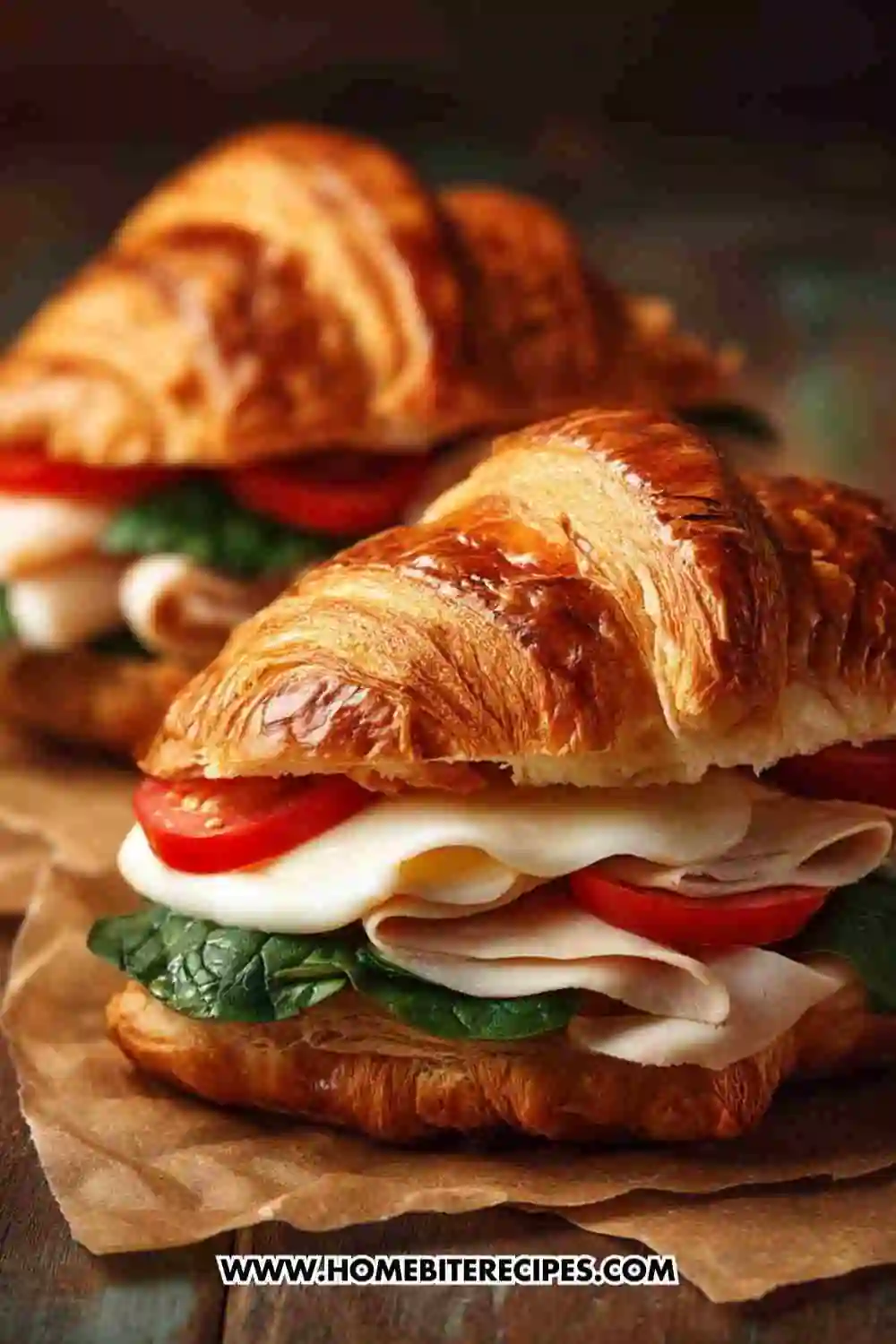 Flaky croissant sandwich filled with sliced turkey, fresh spinach, tomato, and melted cheese.