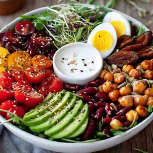 Vibrant protein-packed salad bowl with avocado, tomatoes, chickpeas, eggs, sprouts, and beans, served with creamy dressing.