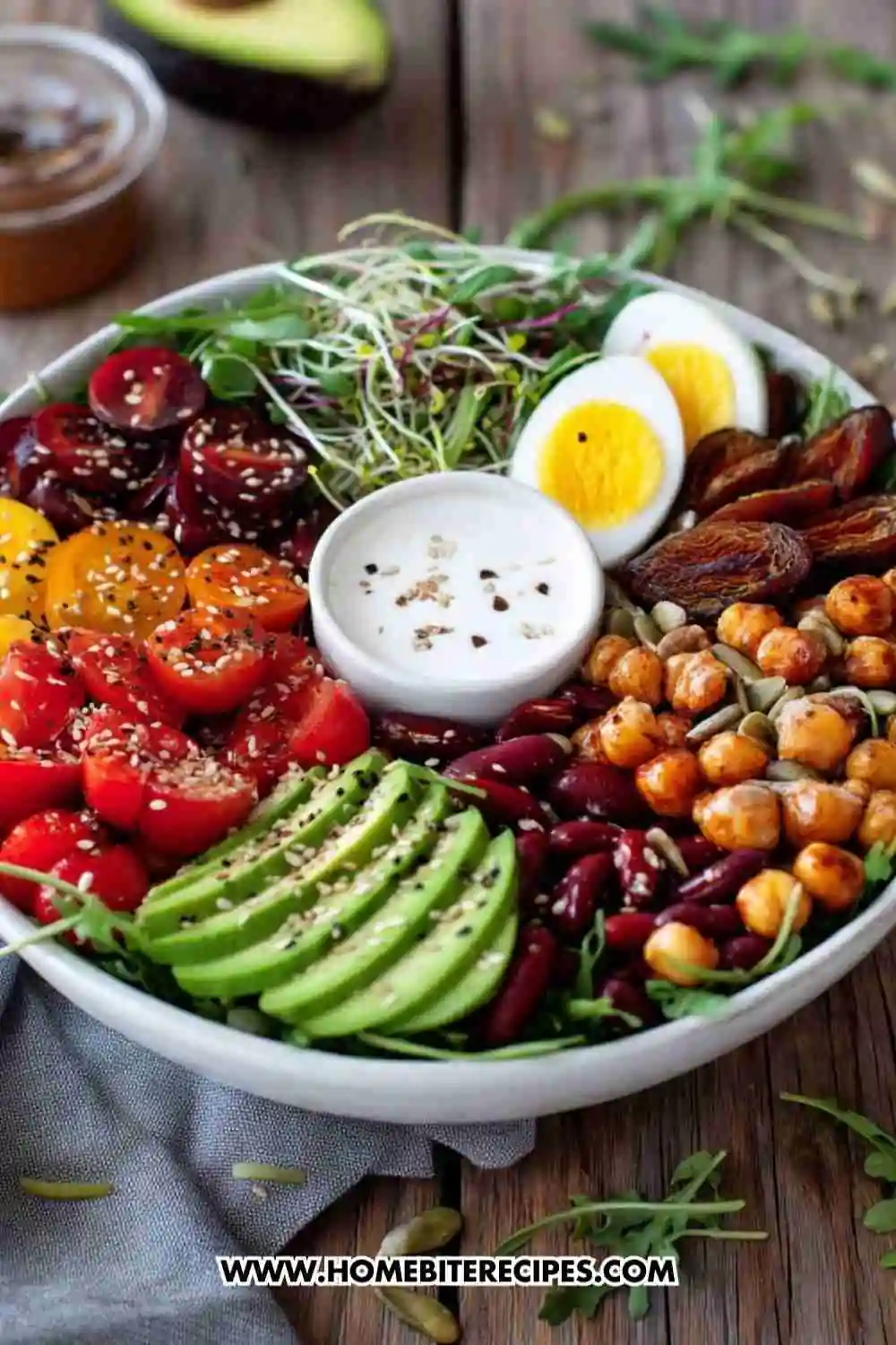 Vibrant protein-packed salad bowl with avocado, tomatoes, chickpeas, eggs, sprouts, and beans, served with creamy dressing.