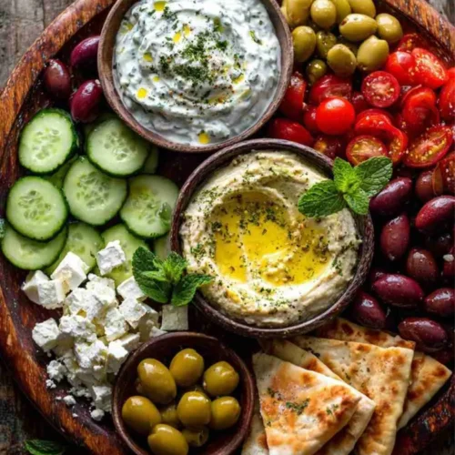 A colorful Mediterranean mezze platter with hummus, tzatziki, olives, cucumbers, tomatoes, feta cheese, and pita bread on a rustic wooden board.