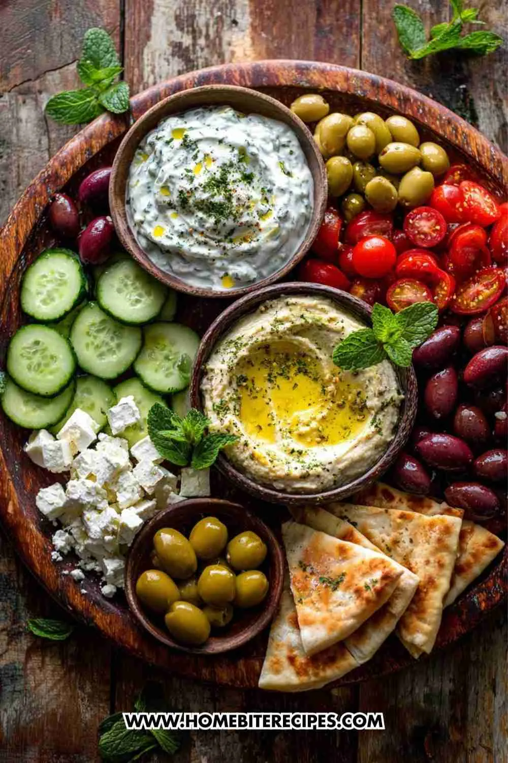 A colorful Mediterranean mezze platter with hummus, tzatziki, olives, cucumbers, tomatoes, feta cheese, and pita bread on a rustic wooden board.