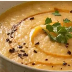 A creamy potato and red lentil soup garnished with herbs and pepper, with a pot of raw chopped vegetables and lentils ready to cook.