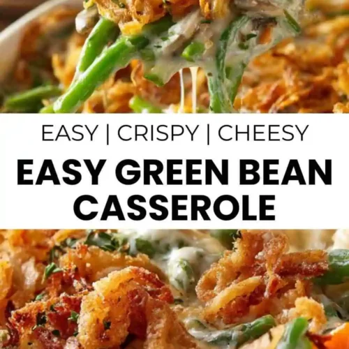 Cheesy green bean casserole topped with golden crispy fried onions.