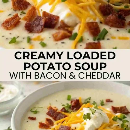 Bowl of creamy loaded potato soup topped with crispy bacon, shredded cheddar cheese, sour cream, and green onions.