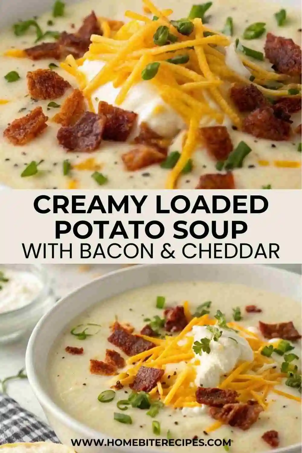Bowl of creamy loaded potato soup topped with crispy bacon, shredded cheddar cheese, sour cream, and green onions.