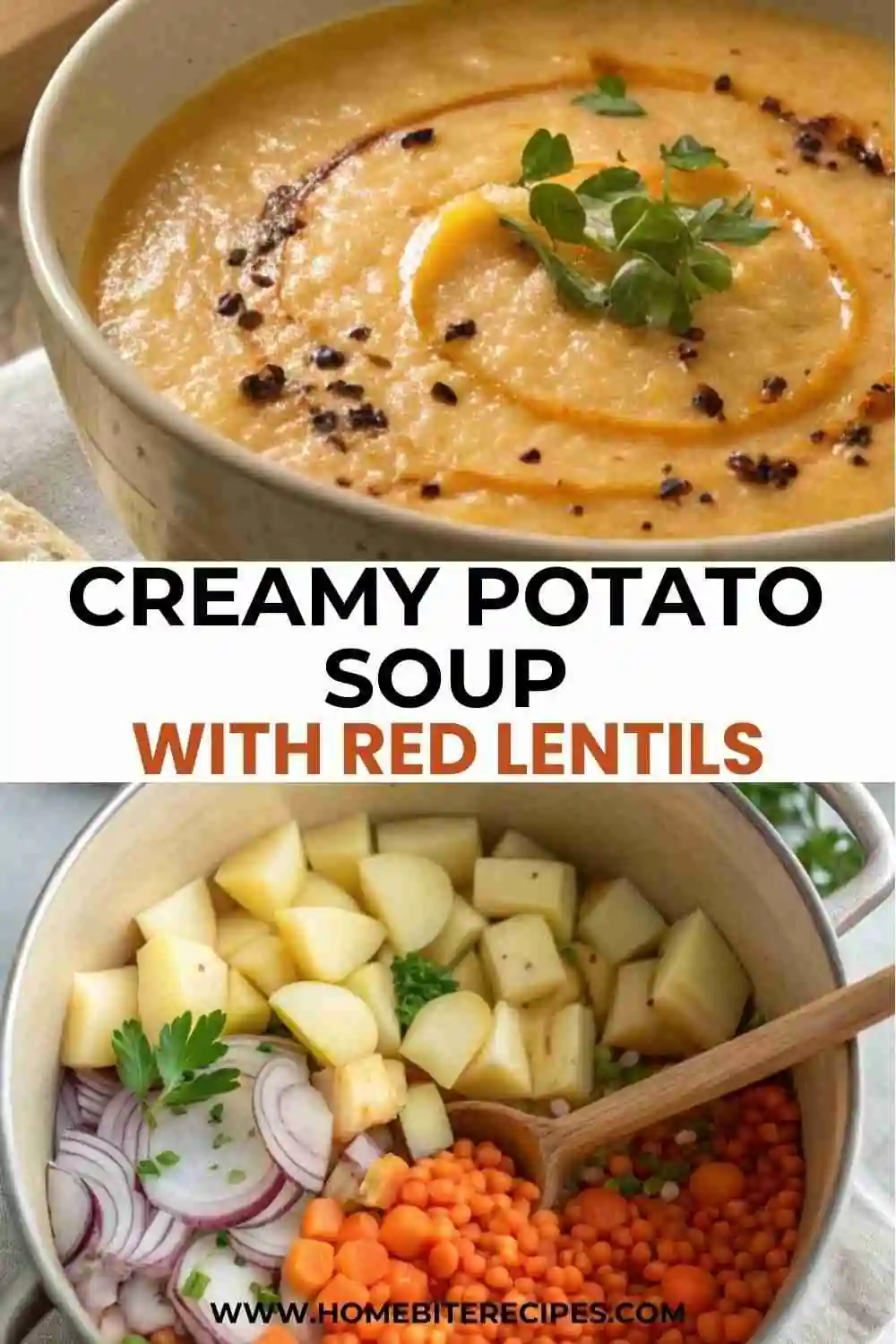 Bowl of creamy potato and red lentil soup topped with herbs and olive oil drizzle; a pot of diced potatoes, lentils, and vegetables beside it.