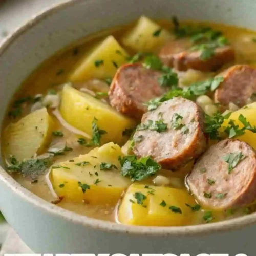 Bowl of hearty sausage and potato soup with chunks of sausage, tender potatoes, and fresh parsley in a rich broth.