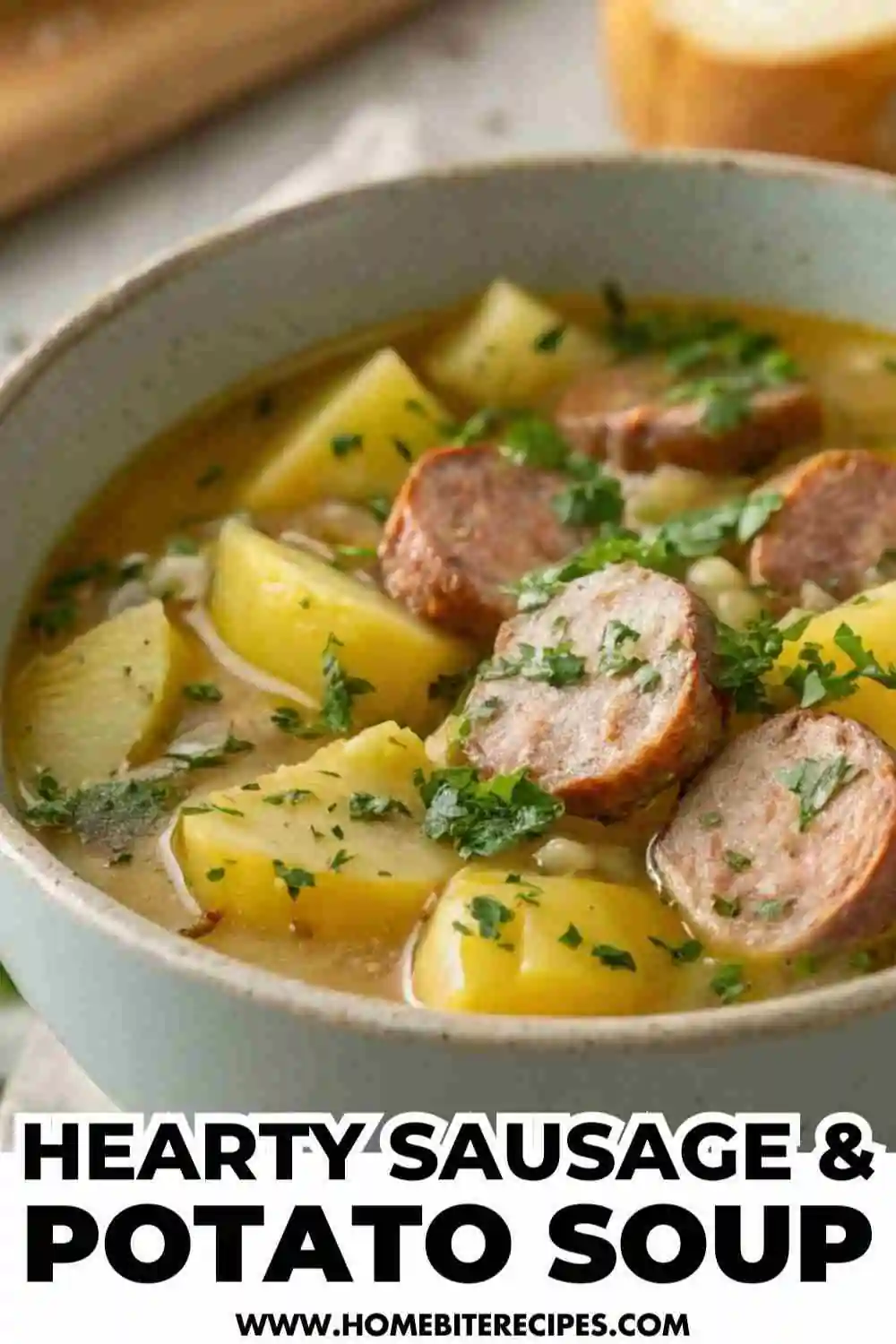 Bowl of hearty sausage and potato soup with chunks of sausage, tender potatoes, and fresh parsley in a rich broth.