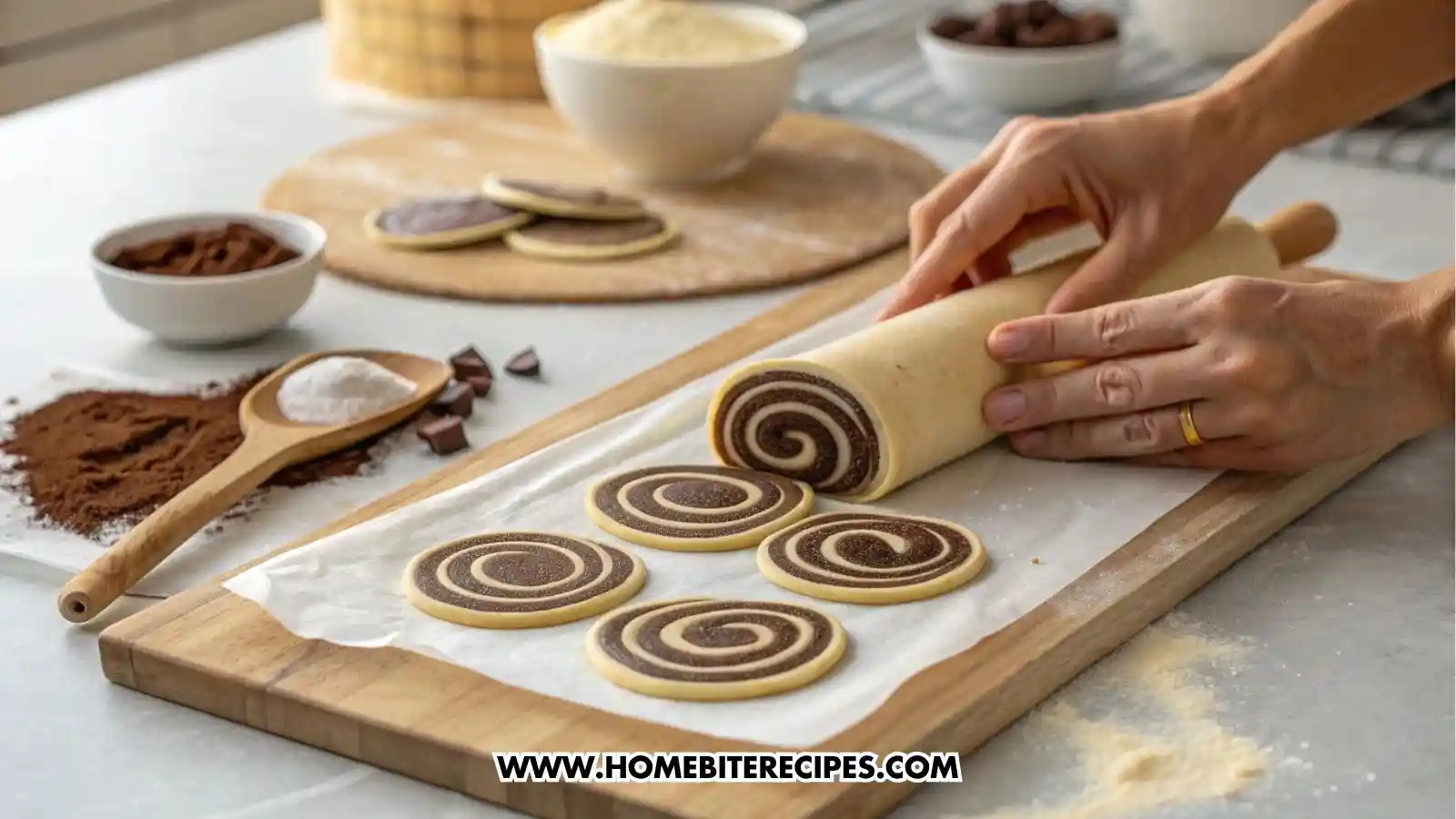 Close-up of chocolate-vanilla swirl cookies stacked on a wooden board, with the rolled cookie dough being cut revealing its spiral pattern