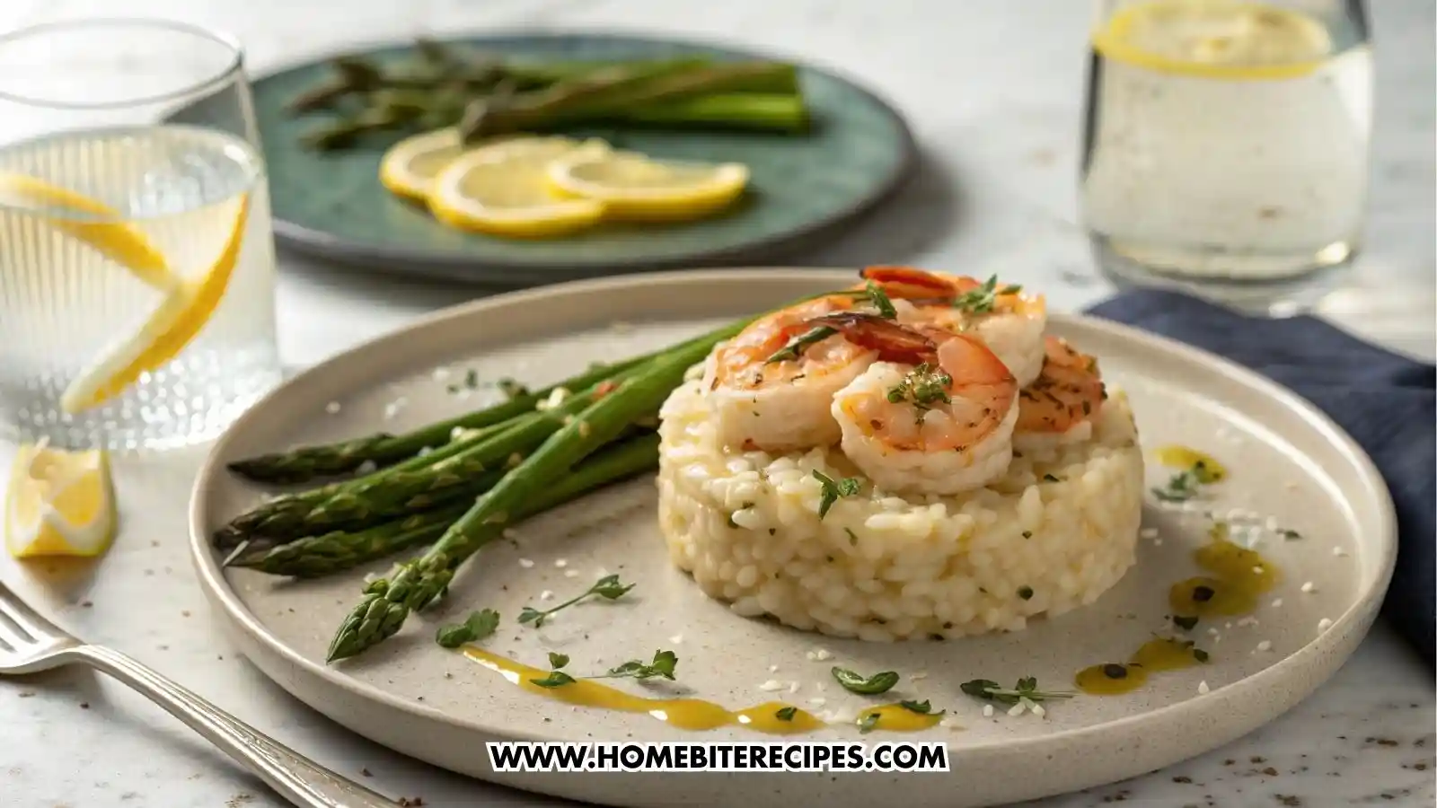 Close-up photo of herb garlic shrimp risotto plated in a refined circular mold, topped with seared garlic shrimp and fresh herbs. Served on a modern ceramic plate with a side of roasted asparagus spears drizzled lightly with olive oil and sea salt