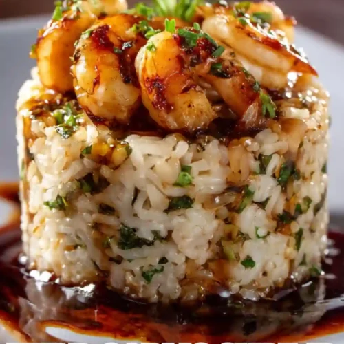Close-up photo of herb garlic shrimp served on top of creamy risotto shaped into a round mold, drizzled with sauce and garnished with fresh herbs.