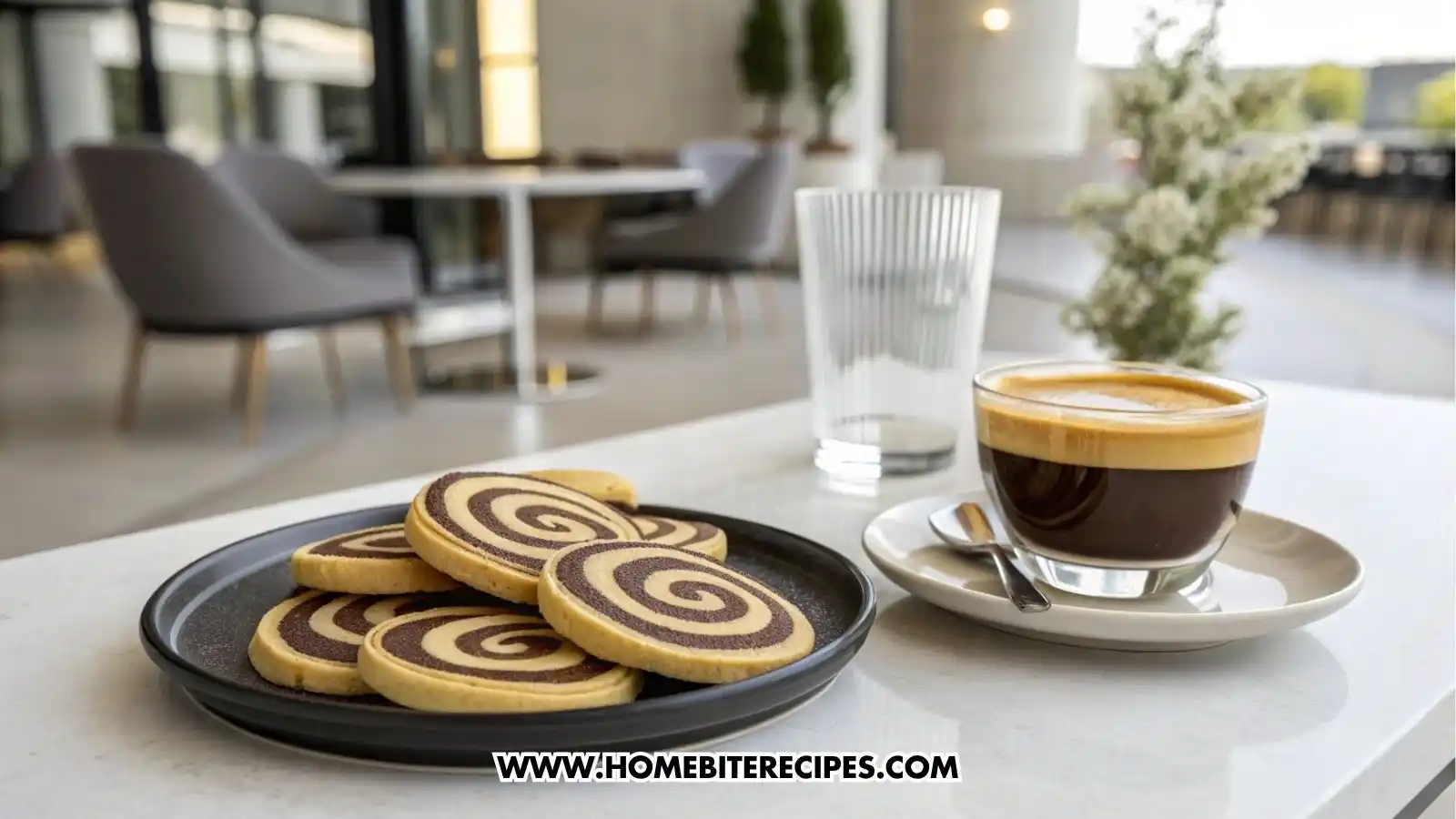 A close-up of chocolate–vanilla swirl cookies displayed on a sleek ceramic plate, served alongside a freshly pulled espresso in a contemporary glass cup