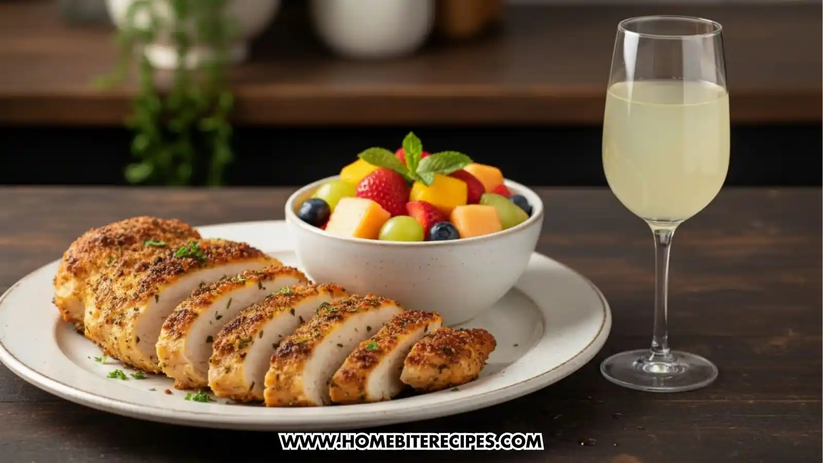 A white plate featuring a golden-brown, Easy Homemade Air Fryer Parmesan Chicken Breast that has been sliced into strips and garnished with fresh parsley. It is served alongside a a chilled non-alcoholic white grape juice and fresh fruit salad.