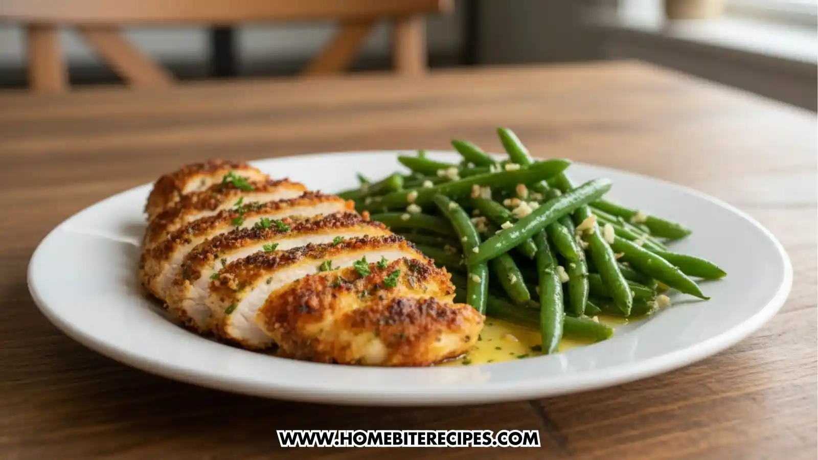 A white plate featuring a golden-brown, parmesan-crusted chicken breast that has been sliced into strips and garnished with fresh parsley. It is served alongside a heap of vibrant green beans tossed with minced garlic and butter. The plate sits on a wooden dining table with a blurred chair in the background.