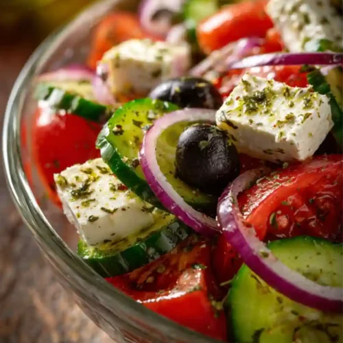 A bowl of authentic Greek salad with tomatoes, cucumbers, red onion, olives, and feta cheese tossed in herbs and olive oil.