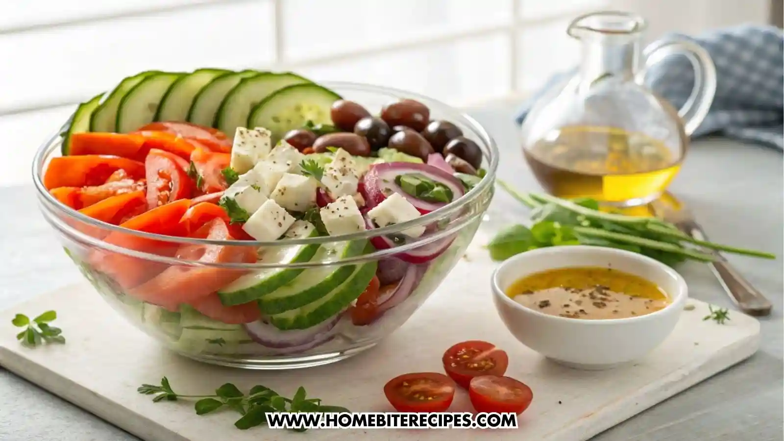 A large glass bowl containing fresh Greek salad ingredients arranged separately: juicy tomato wedges on one side, sliced cucumber on another, thinly sliced red onions, green bell pepper slices, Kalamata olives, and a slab of feta cheese, each ingredient distinctly visible and not mixed, next to the bowl a small dish with classic Greek vinaigrette dressing