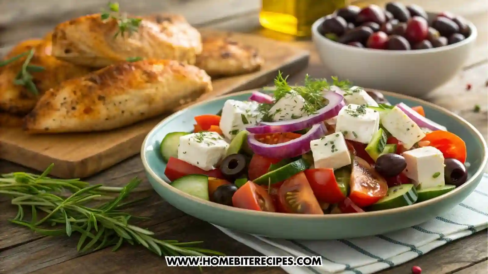 Authentic Greek Salad served on a plate next to a golden roasted chicken legs on a rustic wooden table
