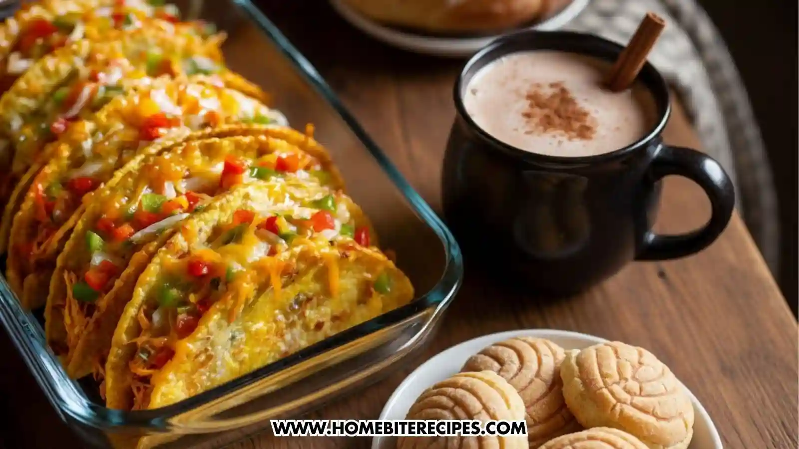 A glass baking dish filled with several crispy baked chicken tacos topped with melted yellow cheese, diced red tomatoes, and green bell peppers. Next to the dish is a black mug containing a frothy chocolate drink with a cinnamon stick, and a small white plate of conchas (Mexican sweet bread). The spread is arranged on a rustic wooden table.