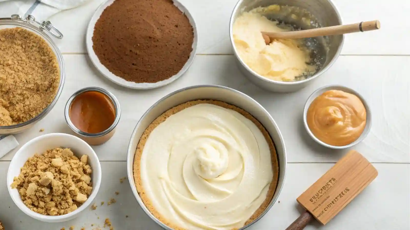 A scene showing the preparation of a no-bake Banoffee Cheesecake. Include: a bowl of graham cracker crumbs being mixed with melted butter, cream cheese and dulce de leche being blended together,