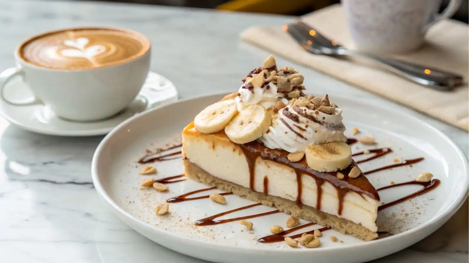 A rich no-bake banoffee cheesecake topped with caramel drizzle, fresh banana slices, whipped cream swirls, and chocolate shavings on a marble cake stand.