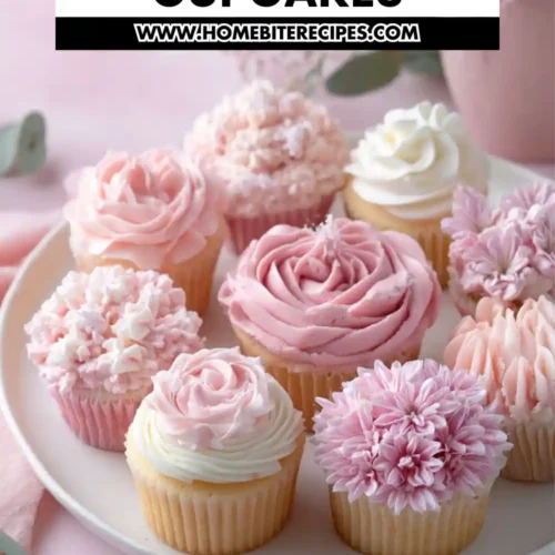 Plate of beautifully decorated rose-themed cupcakes in shades of pink and white with detailed buttercream flower designs.