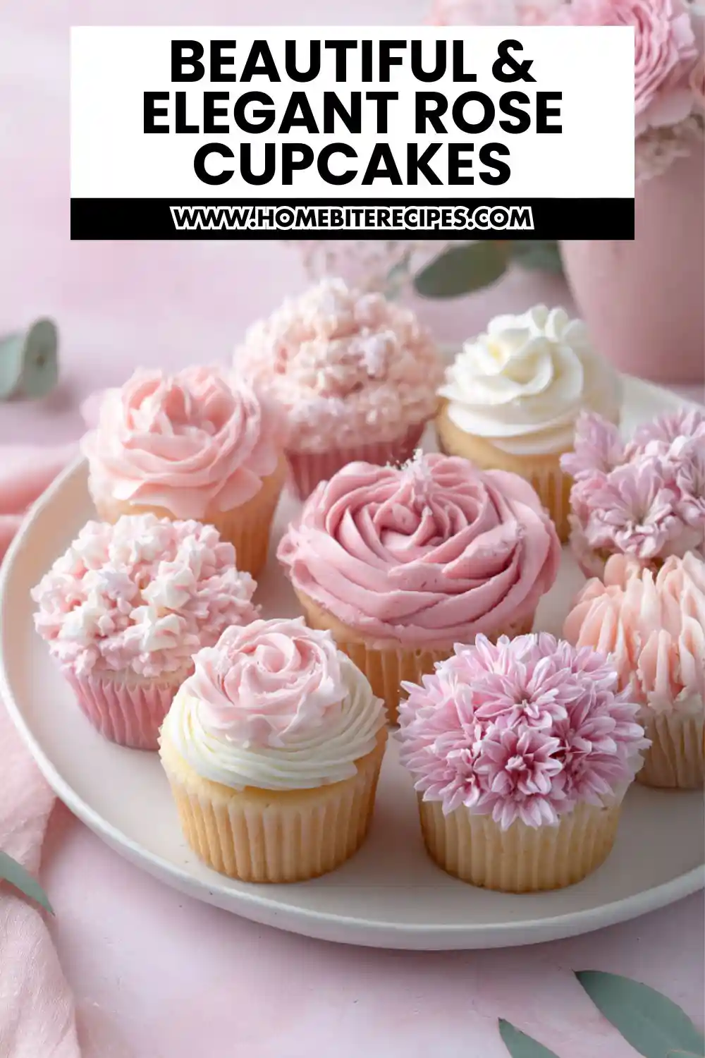 Plate of beautifully decorated rose-themed cupcakes in shades of pink and white with detailed buttercream flower designs.