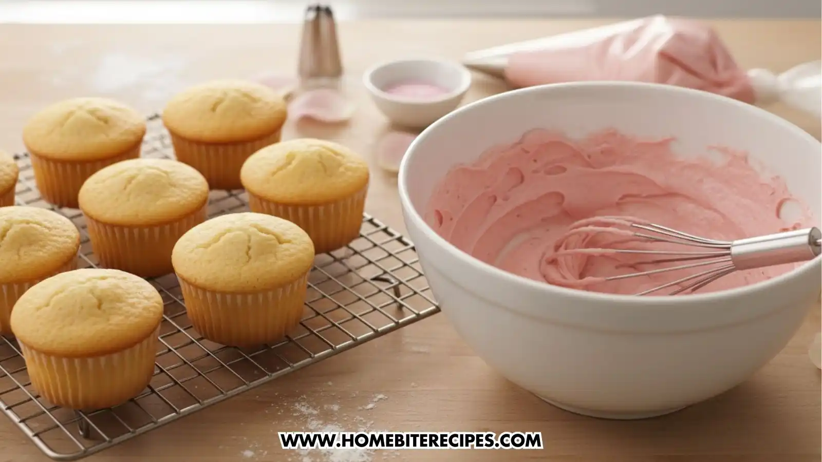 Cupcakes fresh from the oven next to a bowl filled with pink cream and a piping bag filled to begin decorating the cupcakes.
