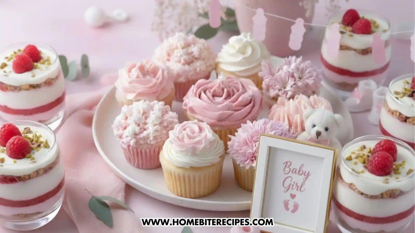 Elegant Rose Cupcakes served with strawberry parfait for a baby girl shower