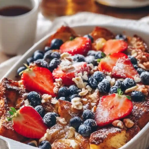A close-up of a baked French toast casserole topped with fresh blueberries, sliced strawberries, nuts, and powdered sugar in a white baking dish.
