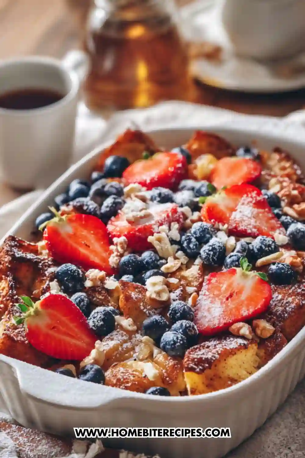 A close-up of a baked French toast casserole topped with fresh blueberries, sliced strawberries, nuts, and powdered sugar in a white baking dish.
