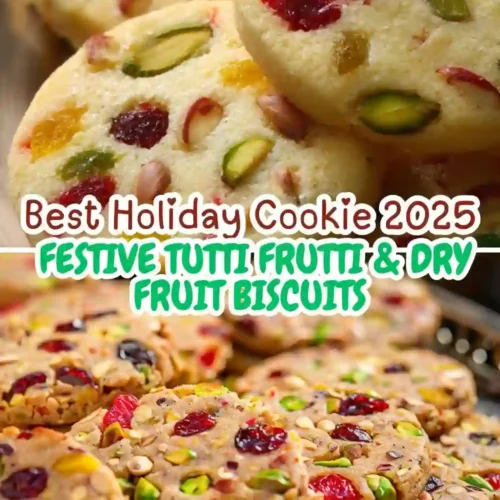 Close-up of colorful Festive Tutti Frutti and Dry Fruit Biscuits with pistachios and candied fruits, beautifully arranged on a silver tray — a perfect holiday cookie for 2025.