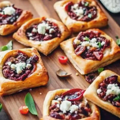 Small square Onion & Goat Cheese Puff Pastry Bites topped with caramelized onion filling and crumbled goat cheese, served on a wooden board.