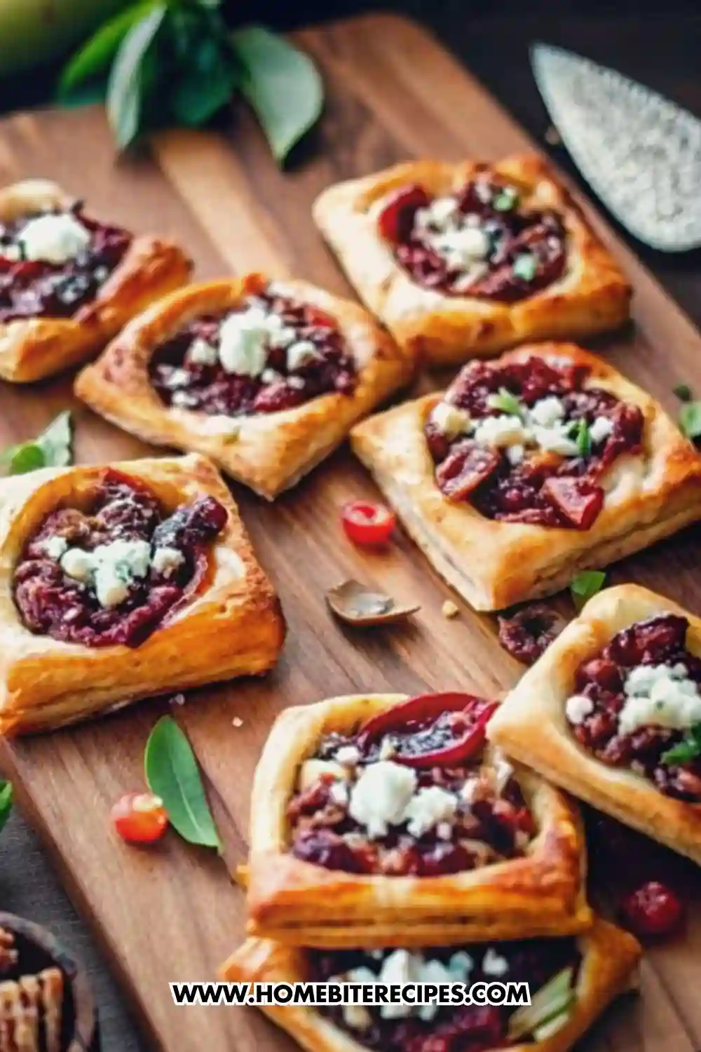 Small square Onion & Goat Cheese Puff Pastry Bites topped with caramelized onion filling and crumbled goat cheese, served on a wooden board.