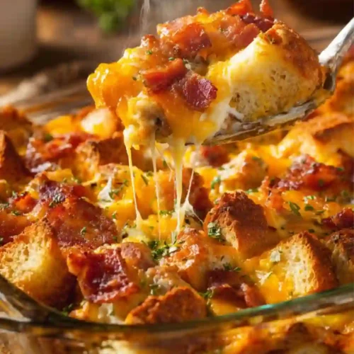 A cheesy bacon breakfast casserole in a glass baking dish with melted cheese, crispy bacon, and golden bread cubes, served hot and steaming.