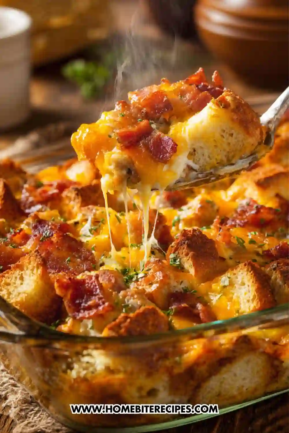 A cheesy bacon breakfast casserole in a glass baking dish with melted cheese, crispy bacon, and golden bread cubes, served hot and steaming.