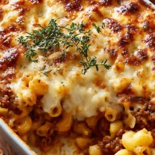 Close-up of baked pasta casserole with layers of cheese and meat sauce, golden and bubbly on top, garnished with fresh thyme.