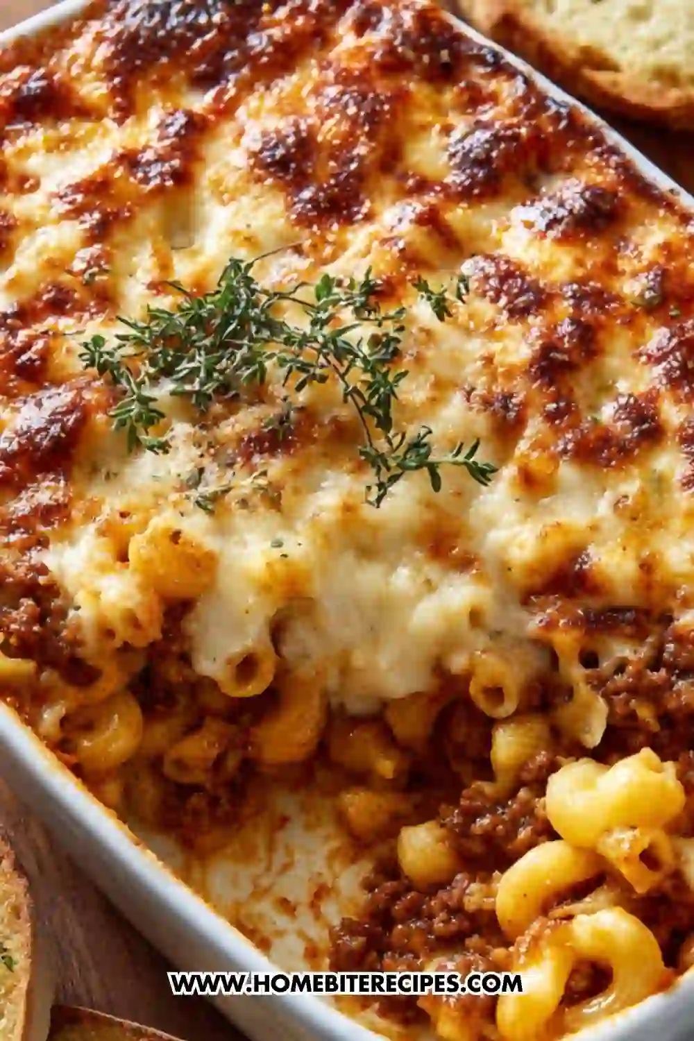 Close-up of baked pasta casserole with layers of cheese and meat sauce, golden and bubbly on top, garnished with fresh thyme.