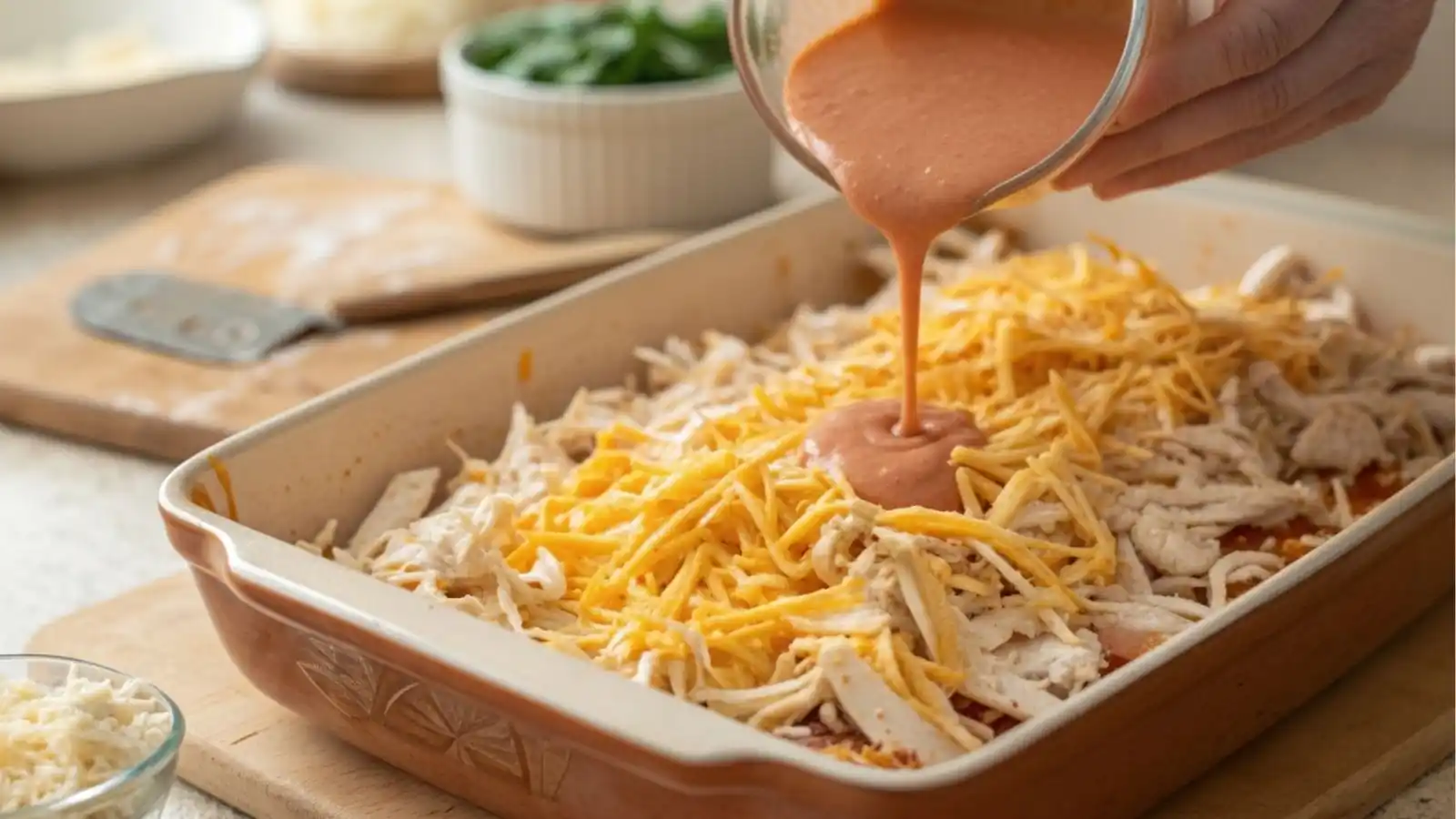 a hand pouring buffalo sauce over the chicken and cheese mixture served on a baking dish