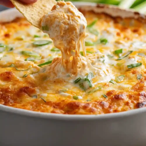 A hand dipping a tortilla chip into a hot, cheesy buffalo chicken dip topped with melted cheddar and green onions in a white baking dish.