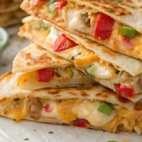 Stack of crispy chicken and vegetable quesadillas filled with melted cheese, red and green peppers, photographed on a cutting board.