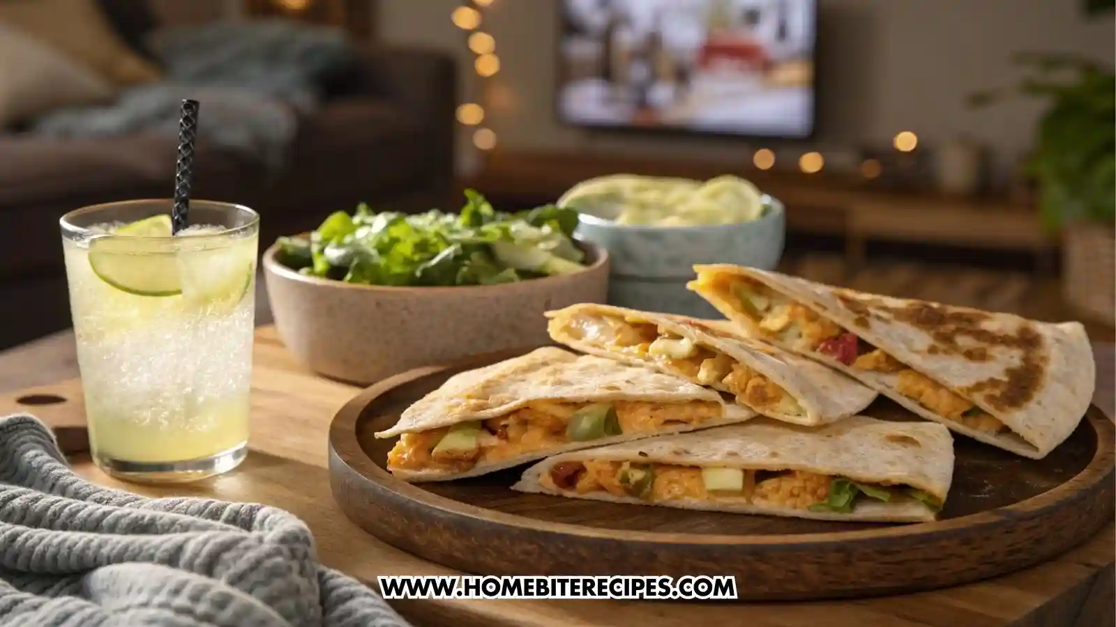 Crispy cheesy chicken & veggie quesadillas served on a rustic wooden plate beside a chilled glass of lemonade with condensation, and a vibrant fresh green salad.
