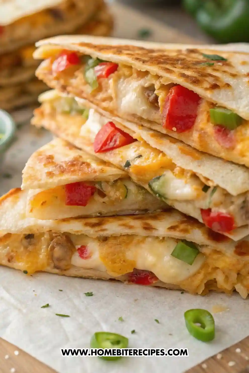Stack of crispy chicken and vegetable quesadillas filled with melted cheese, red and green peppers, photographed on a cutting board.